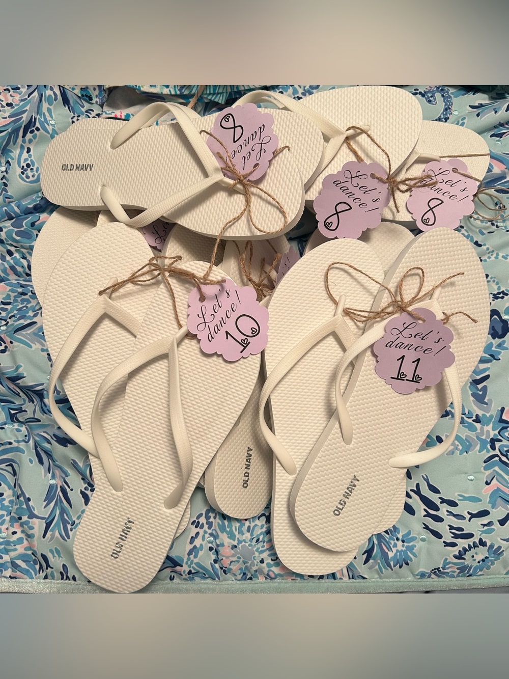 Old Navy White Flip Flops Bundle of 8 "Let's Dance" Tags Wedding Party 8, 10, 11
